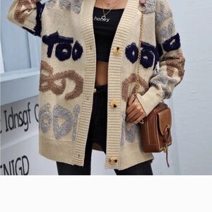 SHEIN Beige and Navy Graphic Cardigan